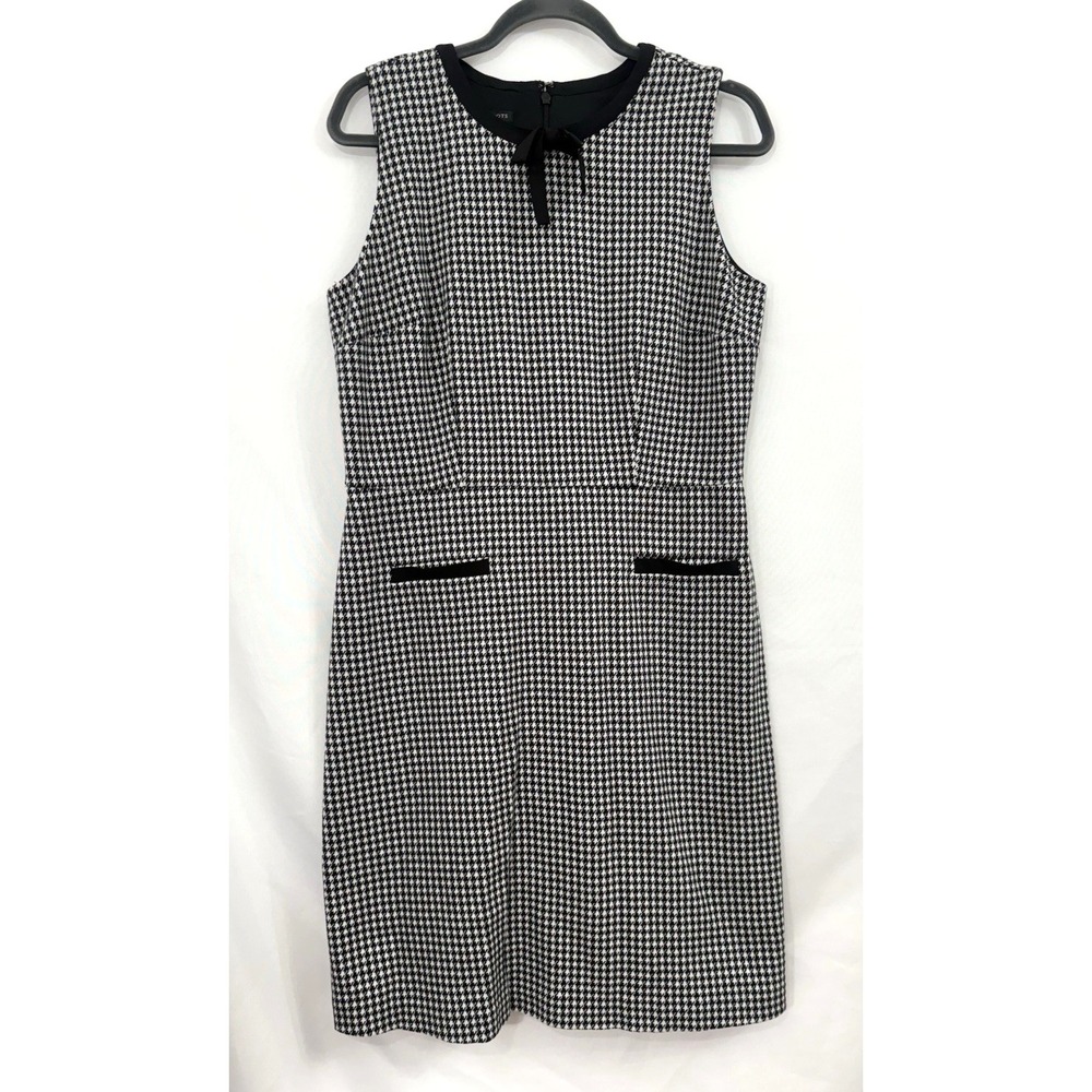 Talbots Black White Houndstooth Bow Neck Sleeveless Sheath Dress Womens Size 12P